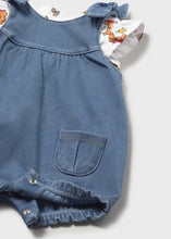 Load image into Gallery viewer, Blue denim romper with bows on the shoulder  and pockets with a white printed top for a baby. Mayoral 1649 baby girl's romper set available to buy on kidstuff.ie
