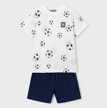 Load image into Gallery viewer, Boy's outfit with soccer ball patterned shirt and navy short  pants. Mayoral 3607 boys outfit available to buy on kidstuff.ie
