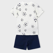 Load image into Gallery viewer, Boy's outfit with soccer ball patterned shirt and navy short  pants. Mayoral 3607 boys outfit available to buy on kidstuff.ie Back view

