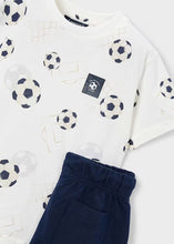 Load image into Gallery viewer, Boy's outfit with soccer ball patterned shirt and navy short  pants. Mayoral 3607 boys outfit available to buy on kidstuff.ie
