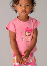 Load image into Gallery viewer, Child wearing a pink shirt with a cartoon character design and printed capri leggings . Mayoral 1751 girl's 2 piece outfit available to buy on kidstuff.ie
