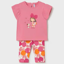 Load image into Gallery viewer,  pink shirt with a cartoon character design and printed capri leggings . Mayoral 1751 girl's 2 piece outfit available to buy on kidstuff.ie
