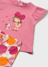 Load image into Gallery viewer, pink shirt with a cartoon character design and printed capri leggings . Mayoral 1751 girl's 2 piece outfit available to buy on kidstuff.ie
