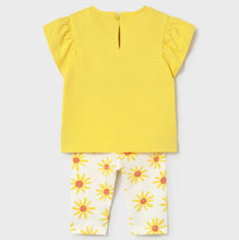 Load image into Gallery viewer, Yellow top with sun design and floral capri leggings for a girl. Mayoral 1751 girl's outfit available to buy on kidstuff.ie Back view
