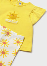 Load image into Gallery viewer, Yellow top with sun design and floral capri leggings for a girl. Mayoral 1751 girl's outfit available to buy on kidstuff.ie
