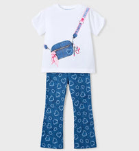 Load image into Gallery viewer, Girl's outfit with white top printed with a blue cross-body bag and matching blue leggings with heart print. Mayoral 3730 girl's outfit available to buy on kidstuff.ie

