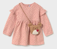 Load image into Gallery viewer, A pink long-sleeve baby dress with a small red polka dot pattern, featuring ruffled shoulder details and a cute brown plush cat-face crossbody bag with a red heart on the front.
