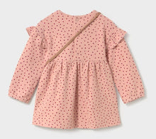 Load image into Gallery viewer, A pink long-sleeve baby dress with a red polka dot pattern, featuring ruffled shoulder details and a gathered waist,
