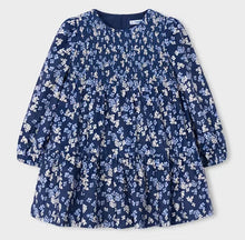 Load image into Gallery viewer, printed velvet dress for a girl in nav blue, light blue and cream with shirring detail on the bodice, long sleeves and gathered skirt
