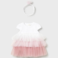 Load image into Gallery viewer, Baby girl's white  dress with tulle ruffles in three shades of pink and matching headband with tulle rose decoration. Mayoral  1601 baby romper dress  set available to buy on kidstuff.ie
