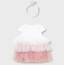 Load image into Gallery viewer, Baby girl's white  dress with tulle ruffles in three shades of pink and matching headband with tulle rose decoration. Mayoral  1601 baby romper dress  set available to buy on kidstuff.ie  Back view
