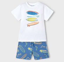 Load image into Gallery viewer, Boys surf-board print tee and shorts. Mayoral 3604 set. Boys top and shorts with surfboard print available on kidstuff.ie
