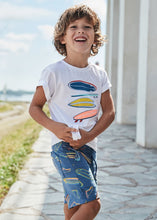 Load image into Gallery viewer, Boys surf-board print tee and shorts. Mayoral 3604 set. Boys top and shorts with surfboard print available on kidstuff.ie
