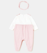 Load image into Gallery viewer, baby girl&#39;s pink onesie and hairband set on kidstuff.ie Back view
