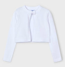 Load image into Gallery viewer, White bolero cardigan. Girls white cardigan with a bow.
