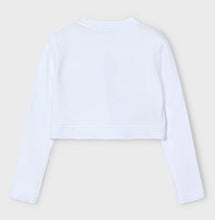 Load image into Gallery viewer, White bolero cardigan. Girls white cardigan with a bow. Back view
