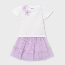 Load image into Gallery viewer, Girl's outfit with white top  decorated with lilac flowers and lilac tulle skirt. Mayoral 3946 two piece girl's outfit available to buy on kidstuff.ie
