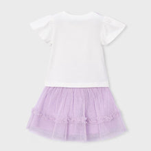 Load image into Gallery viewer, Girl's outfit with white top  decorated with lilac flowers and lilac tulle skirt. Mayoral 3946 two piece girl's outfit available to buy on kidstuff.ie Back view
