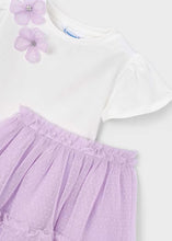 Load image into Gallery viewer, Girl's outfit with white top  decorated with lilac flowers and lilac tulle skirt. Mayoral 3946 two piece girl's outfit available to buy on kidstuff.ie
