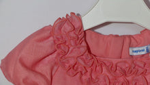 Load and play video in Gallery viewer, A beautiful dress for a baby or toddler girl in coral pink . High-waisted style . Short puff sleeves and neckline decorated with ruffles. Waist embellished with fabric bow two roses Net underneath. Centre back concealed zipper. Buy online kidstuff.ie Made by Mayoral
