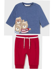 Load image into Gallery viewer, Baby boy two piece with teddy -bear -print top in blue and red jog bottoms. Mayoral baby boy set available on kidstuff,ie
