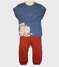 Load image into Gallery viewer, Baby boy two piece with teddy -bear -print top in blue and red jog bottoms. Mayoral baby boy set available on kidstuff,ie set

