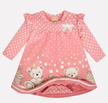 Load image into Gallery viewer, Pink baby dress with romper underneath. Teddy bear and cupcake print. long sleeves. Milon 13470 baby dress in pink available on kidstuff.ie
