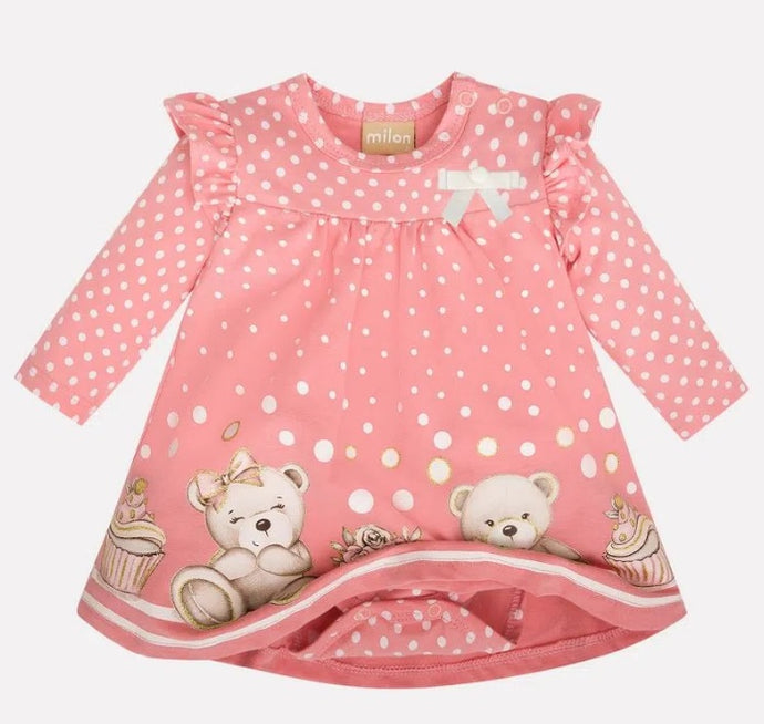 Pink baby dress with romper underneath. Teddy bear and cupcake print. long sleeves. Milon 13470 baby dress in pink available on kidstuff.ie