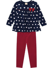 Load image into Gallery viewer, Navy heart print top and matching red leggings for a baby or toddler girl. Milon 13497 set. available on kidstuff.ie
