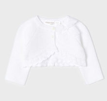 Load image into Gallery viewer, Dressy baby cardigan in white with decorative bow and scalloped hem. Mayoral 1349 white cardigan. Baby Christening cardigan.
