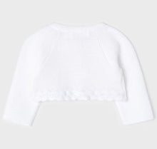 Load image into Gallery viewer, Dressy baby cardigan in white with decorative bow and scalloped hem. Mayoral 1349 white cardigan. Baby Christening cardigan. Back view.
