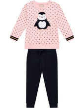 Load image into Gallery viewer, Pink polka dot sweatshirt with penguin motif and matching black jog bottoms for a girl, Milon set 13501 available on kidstuff.ie
