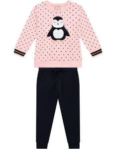 Pink polka dot sweatshirt with penguin motif and matching black jog bottoms for a girl, Milon set 13501 available on kidstuff.ie
