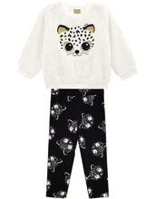 Load image into Gallery viewer, Milon girl&#39;s black and winter-white sweatshirt and leggings outfit with a pussycat motif. This cosy top is fully lined in cotton jersey. The outer layer is the softest plush fur fabric with a cute cat face embroidered on the front in black and white with gold ears and a bobble nose. The stretchy leggings are black with a white pussycat print all-over and an elasticated waist for comfort. Made by Milon and available on kidstuff.ie
