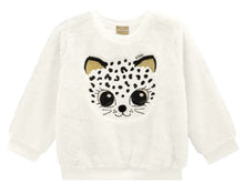Load image into Gallery viewer, Milon girl&#39;s black and winter-white sweatshirt and leggings outfit with a pussycat motif. This cosy top is fully lined in cotton jersey. The outer layer is the softest plush fur fabric with a cute cat face embroidered on the front in black and white with gold ears and a bobble nose. The stretchy leggings are black with a white pussycat print all-over and an elasticated waist for comfort. Made by Milon and available on kidstuff.ie Top

