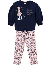 Load image into Gallery viewer, Girl&#39;s navy decorated sweatshirt and matching pink printed leggings. Milon girls navy and pink outfit 13512 available on kidstuff,ie
