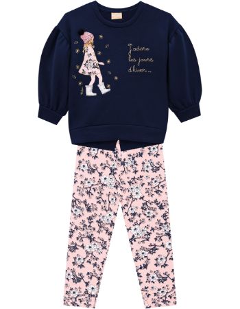 Girl's navy decorated sweatshirt and matching pink printed leggings. Milon girls navy and pink outfit 13512 available on kidstuff,ie