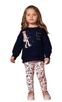 Girl's navy  decorated sweatshirt and matching pink printed leggings. Milon girls navy and pink  outfit 13512 available on kidstuff,ie