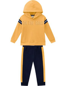 Boy's yellow hooded sweatshirt and matching navy jog bottoms. Milon boys set 13599 in yellow available on kidstuff.ie