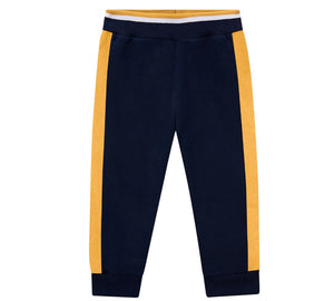 Boy's yellow hooded sweatshirt and matching navy jog bottoms. Milon boys set 13599 in yellow available on kidstuff.ie Bottoms