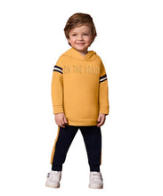 Load image into Gallery viewer, Boy&#39;s yellow hooded sweatshirt and matching navy jog bottoms. Milon boys set 13599 in yellow available on kidstuff.ie
