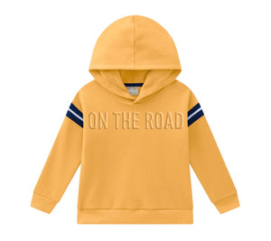 Boy's yellow hooded sweatshirt and matching navy jog bottoms. Milon boys set 13599 in yellow available on kidstuff.ie  Top