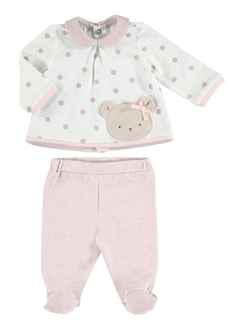 Baby girl 2 piece top and leggings set in pink and cream with teddy bear motif. Mayoral 1591 baby girl outfit.