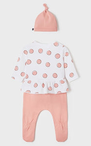 Baby girl dot print top, leggings and matching hat in blossom pink and white. mayoral 1593 outfit for a baby girl. back view