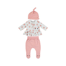 Load image into Gallery viewer, Baby girl dot print top, leggings and matching hat in blossom pink and white. mayoral 1593 outfit for a baby girl.

