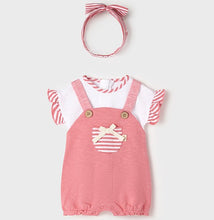 Load image into Gallery viewer, Pink Romper and headband for a baby girl. Mayoral 1612 Baby girl onesie set. Pink onesie and striped hairband for a baby girl to buy online on kidstuff.ie
