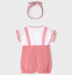 Pink Romper and headband for a baby girl. Mayoral 1612 Baby girl onesie set. Pink onesie and striped hairband for a baby girl to buy online on kidstuff.ie back view