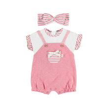 Load image into Gallery viewer, Pink Romper and headband for a baby girl. Mayoral 1612 Baby girl onesie  set. Pink onesie and striped hairband for a baby girl to buy online on kidstuff.ie
