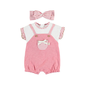 Pink Romper and headband for a baby girl. Mayoral 1612 Baby girl onesie  set. Pink onesie and striped hairband for a baby girl to buy online on kidstuff.ie