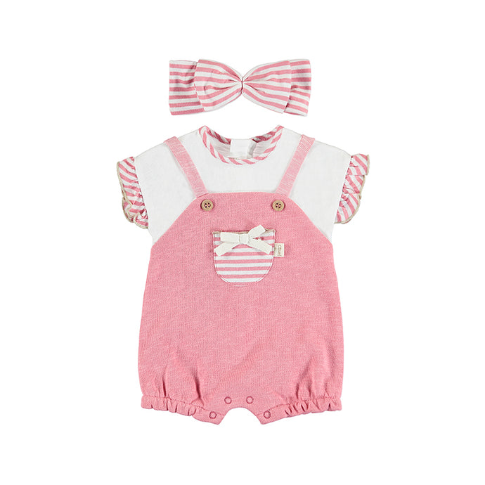 Pink Romper and headband for a baby girl. Mayoral 1612 Baby girl onesie  set. Pink onesie and striped hairband for a baby girl to buy online on kidstuff.ie